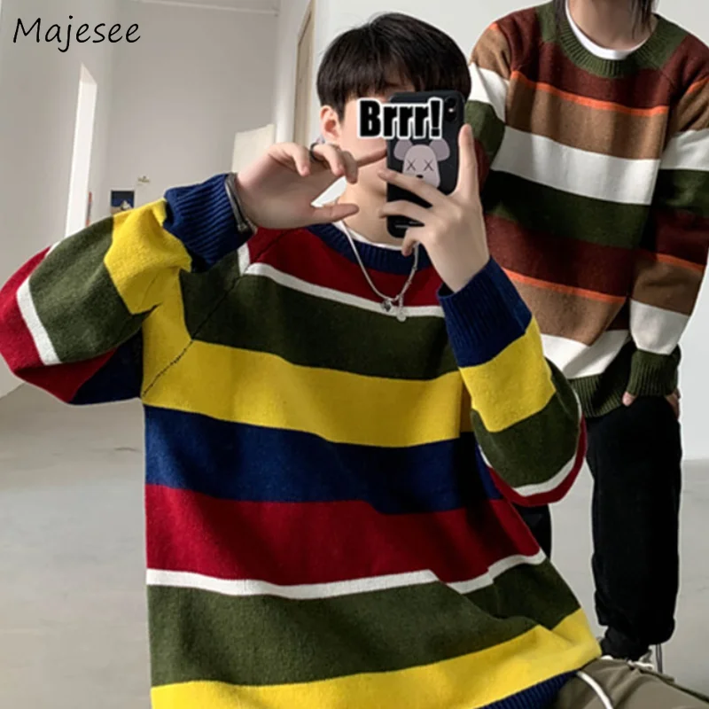 

Men Pullovers Sweater Striped Paneled Loose Knitted Jumper Couple Slim Trendy Collage Male Sweaters Vintage Mens Clothing Retro