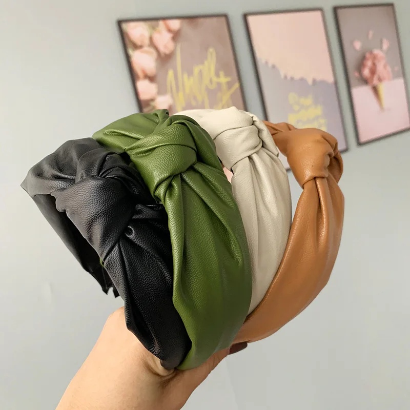 Retro Knotted Headband Handmade PU Leather Hairbands For Women Top Knotted Girls Hair Band Female Head Hoop Hair Accessories (0)