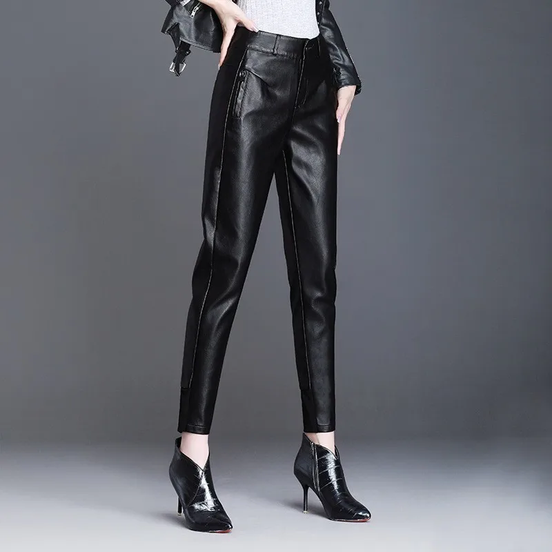2020 New Leather Harem Pants Women Streetwear Fashion High Waist Black Pencil Autumn Winter Slim Korean Trousers | Женская одежда