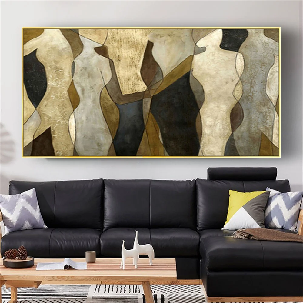 

Hand Painted Oil Painting On Canvas Gold Brown Figure Wall Art Modern Large Mural Designed Office Home Decoration Love Story