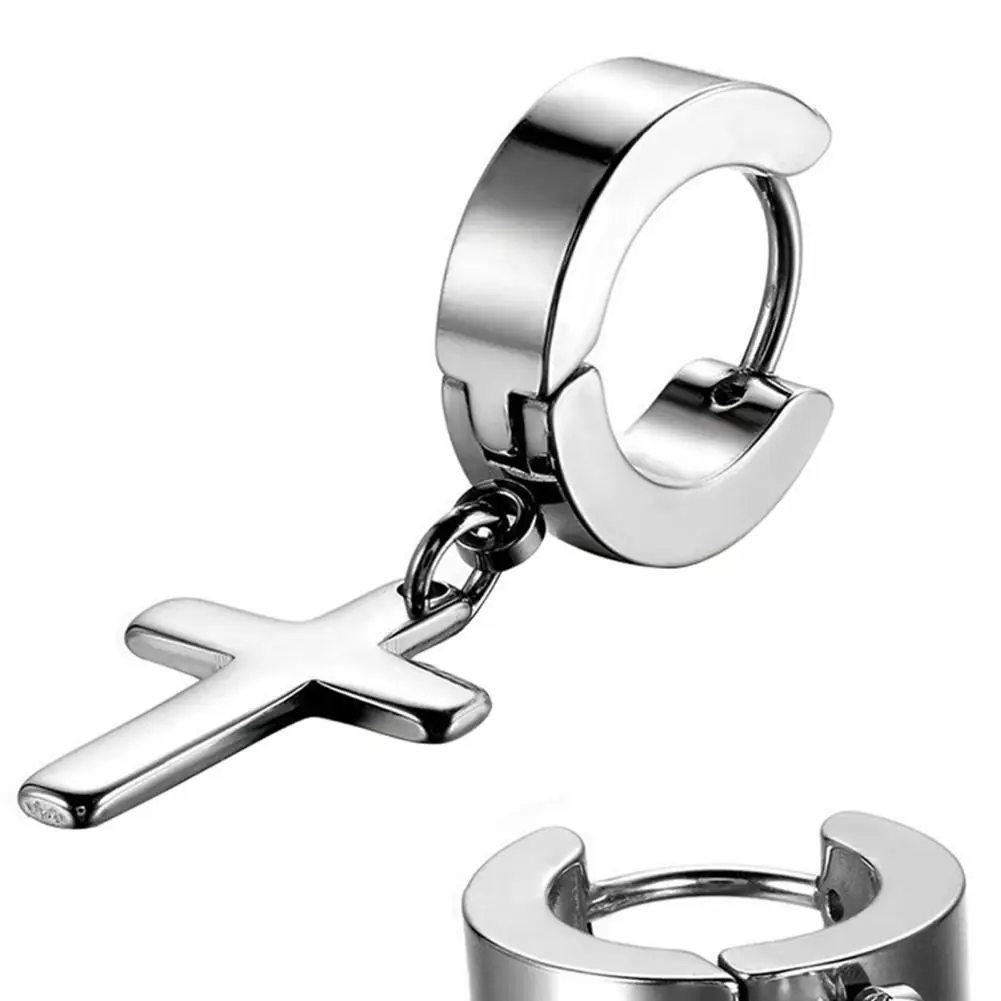 

80% Hot Sale 1 Pair Men's Women's Earrings Stainless Steel Cross Drop Dangle Hinged Hoop Earrings aretes de mujer