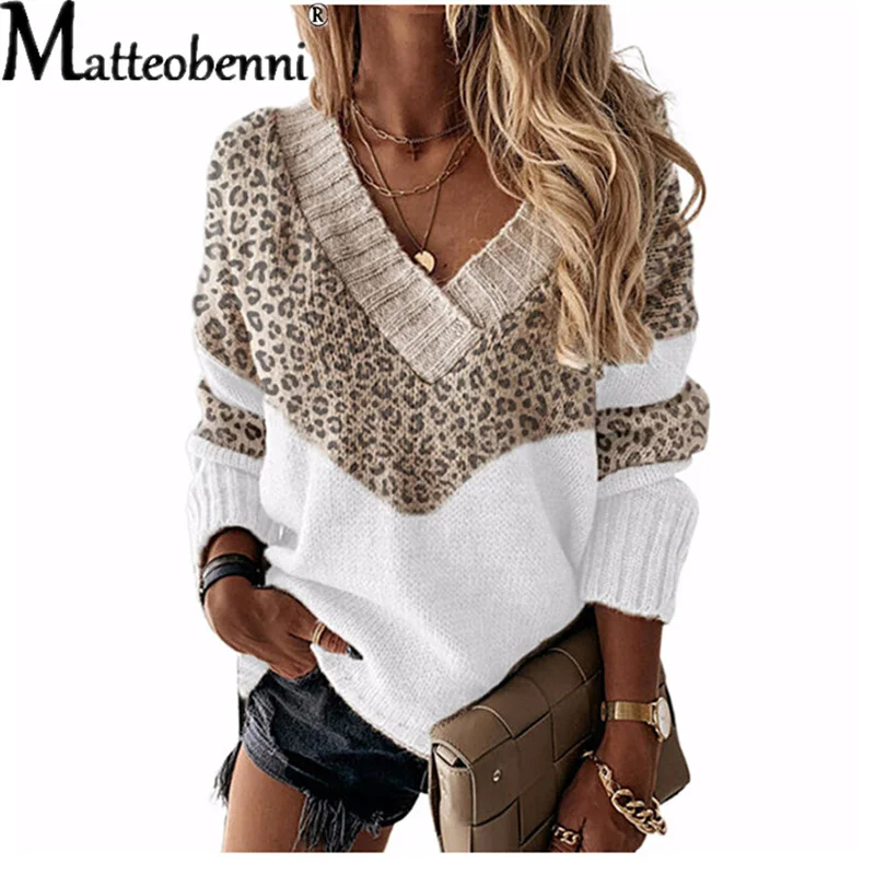 

2021 New Fashion Leopard Women Sweater Autumn Winter Ladies V-Neck Full Sleeve Casual Jumper Knitted Female Oversize Pullovers