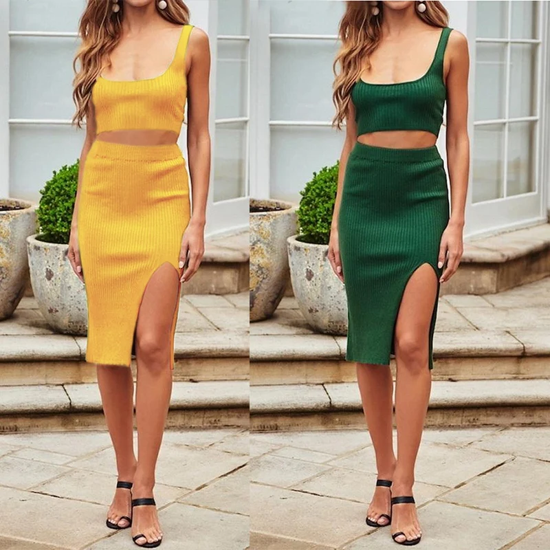 

Summer 2 Piece Skirt Set Women Slim Top and Skirt Sexy Outfit for Women Sleeveless Crop Top Set