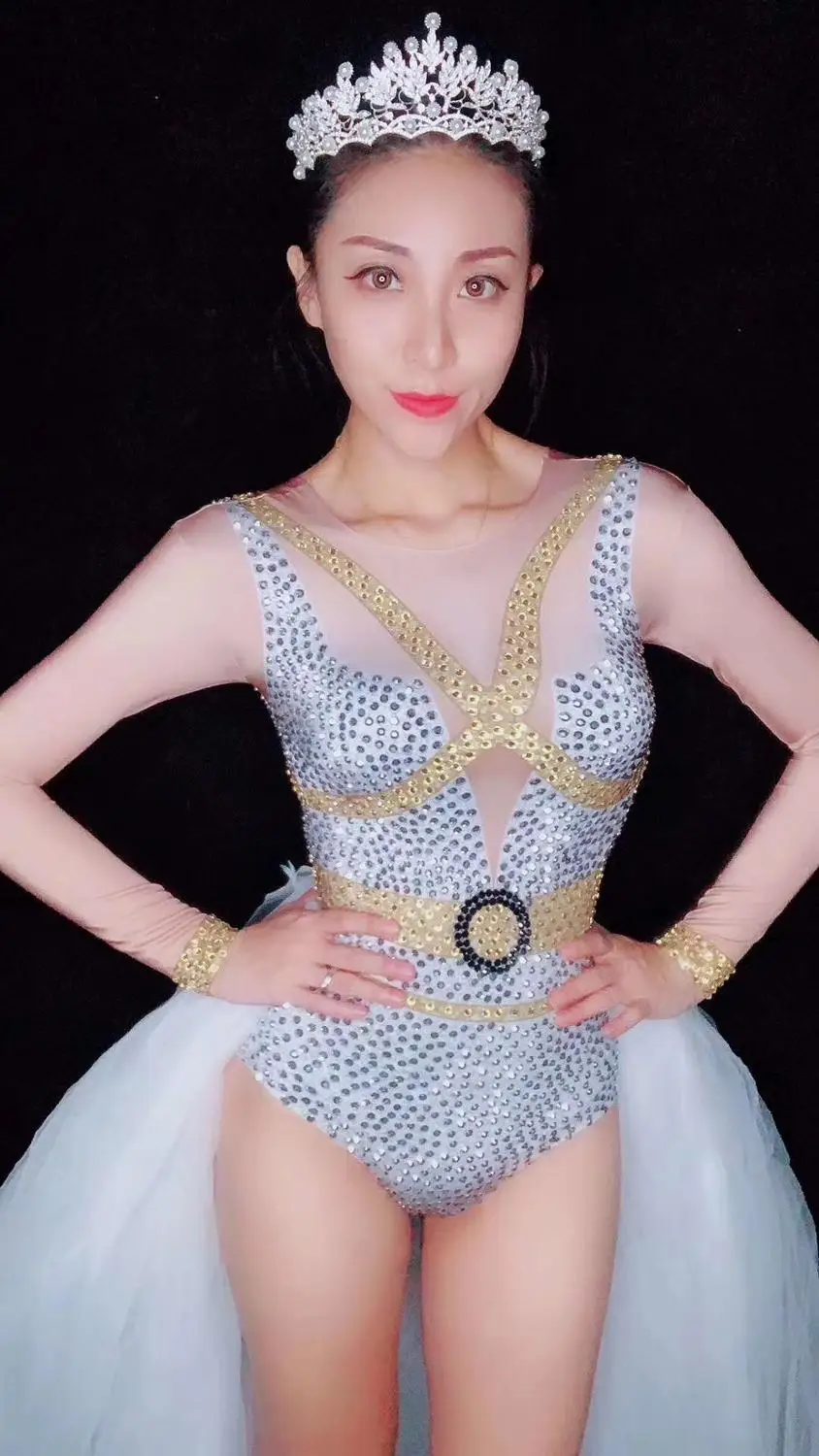 Sexy Stage Silver Gold Rhinestones Long Sleeves Bodysuit white Mesh Tail Birthday Celebrate Outfit Women Singer Dance Bodysuit