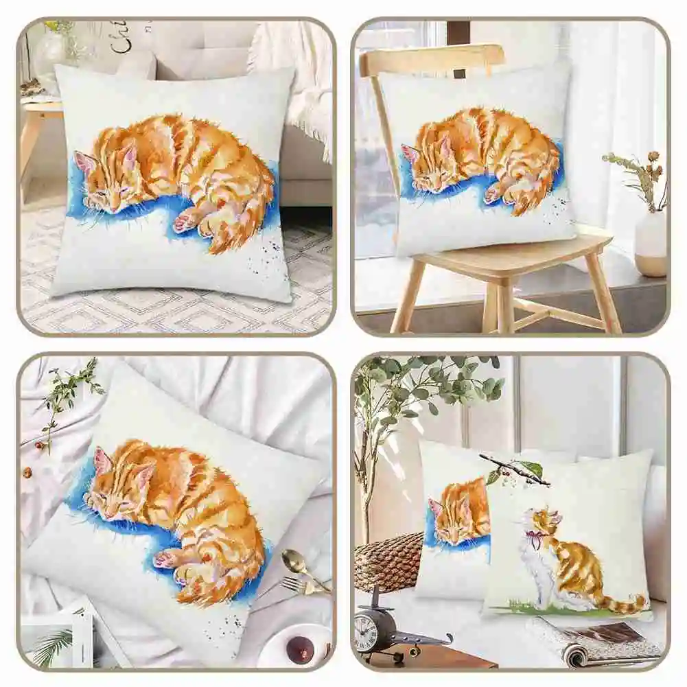 

Pastoral Cat Painted Cushion Cover Cute Watercolor 45x45 Polyester Pillowcase Decorative Sofa Cushions Pillowcover Home Decor