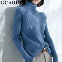 gcarol 2021 fall winter women argyle turtleneck sweater warm soft close fitting knitted jumper basic elegant knitwear top xxl