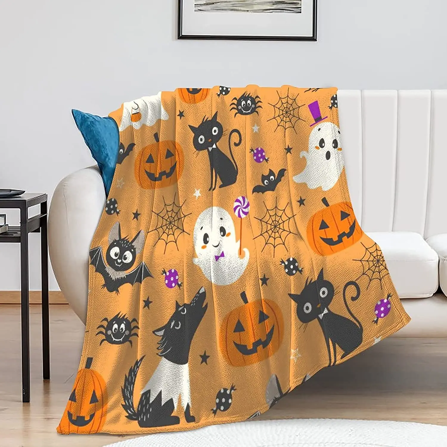 

Halloween Pumpkin Cat Ghost Bat Spider Web Candy Blanket for Couch Super Warm Soft Cozy for Kids Adults Orange Blanket for Sofa