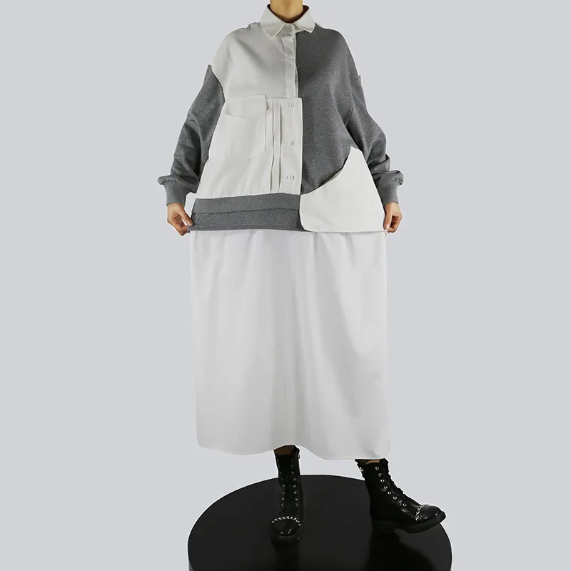 

Women's Dress Autumn And Winter New Fashion Splicing Color Design Harajuku High Street Casual Loose Long Sleeve Dress