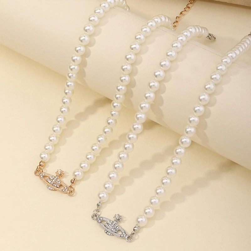 

Trendy Planet Pearl Necklace for Women Beaded Pearl Choker Necklace with Charm Planet Shiny Rhinestone Necklace Fashion