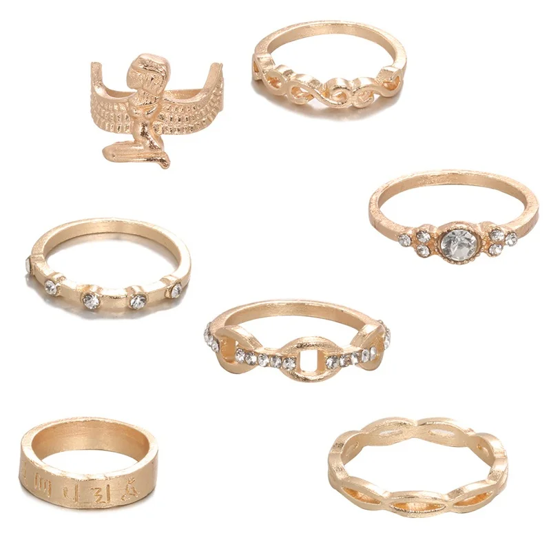 7 шт./компл. женское кольцо с золотыми кристаллами буквами совой геометрический