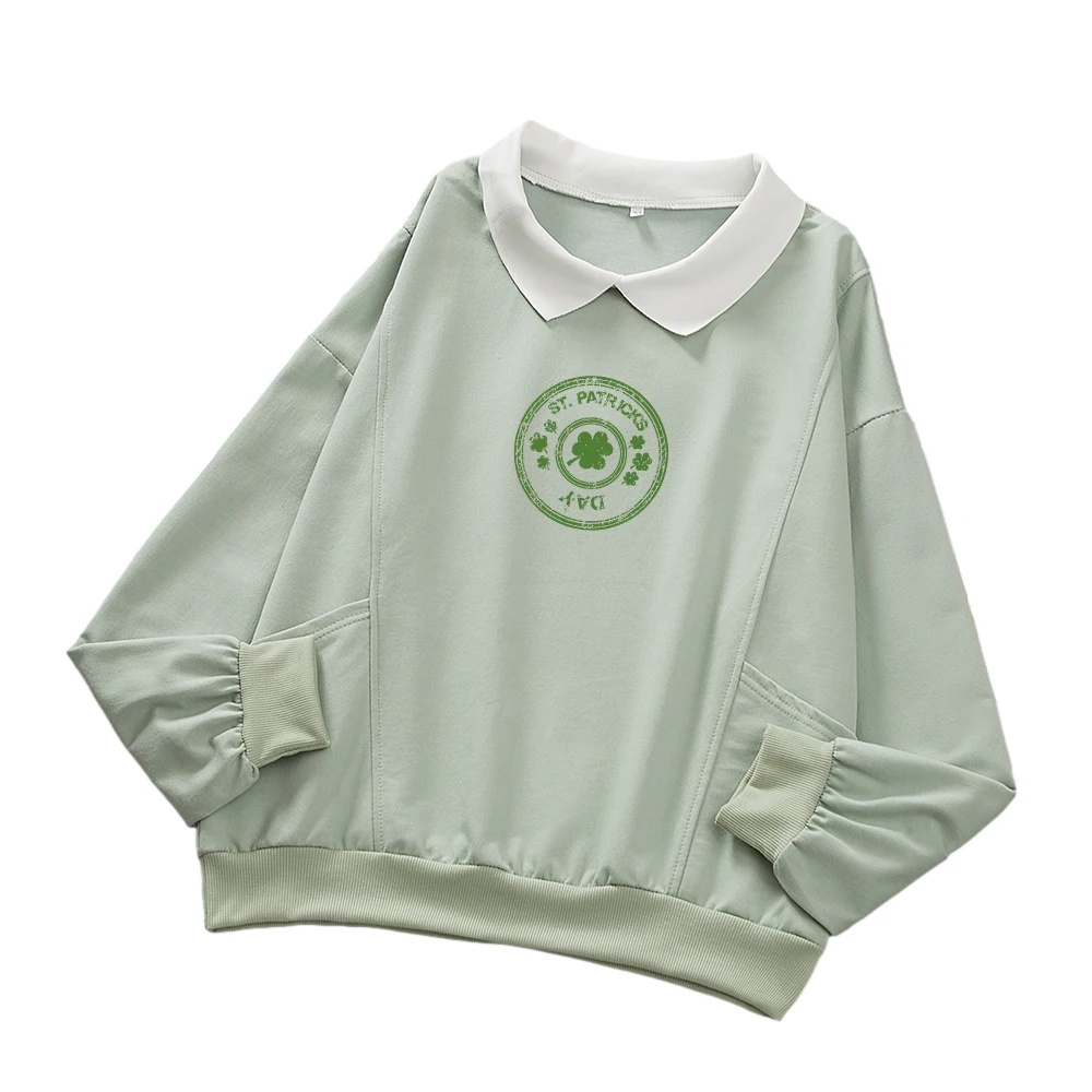 Ladies Harajuku Sweetshirts Collar Sweatshirts for Women St. Patrick's Day Festival Autumn Thin Hoodies Vintage Loose Green Tops
