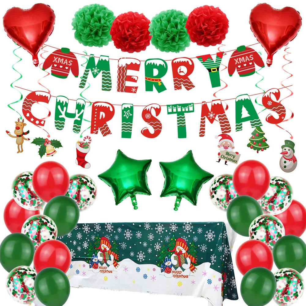 

Merry Christmas Themed Party Decorations Green Red Confetti Balloons Snowflake Banner Tablecloth Kit for New Year Celebration