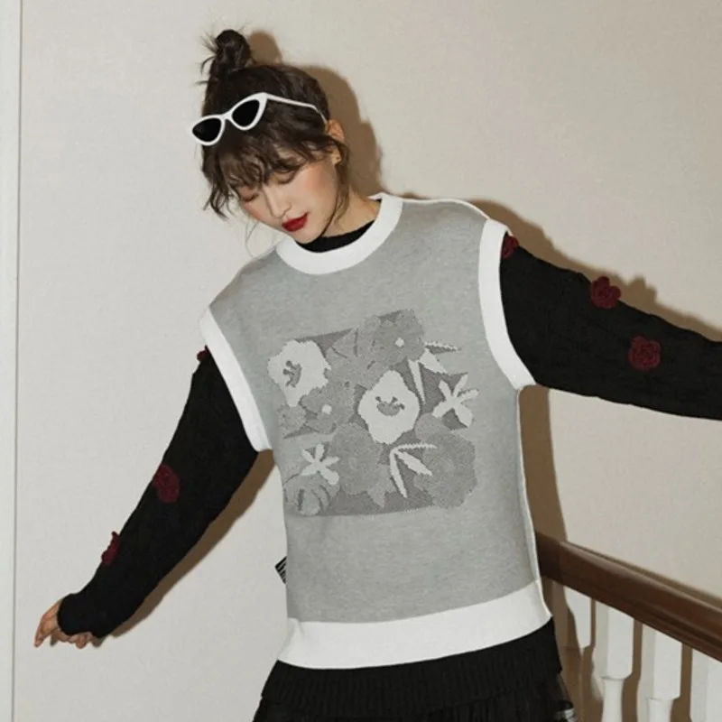 LANMREM/пуловер без рукавов с круглым вырезом и позитивным отрицательным принтом