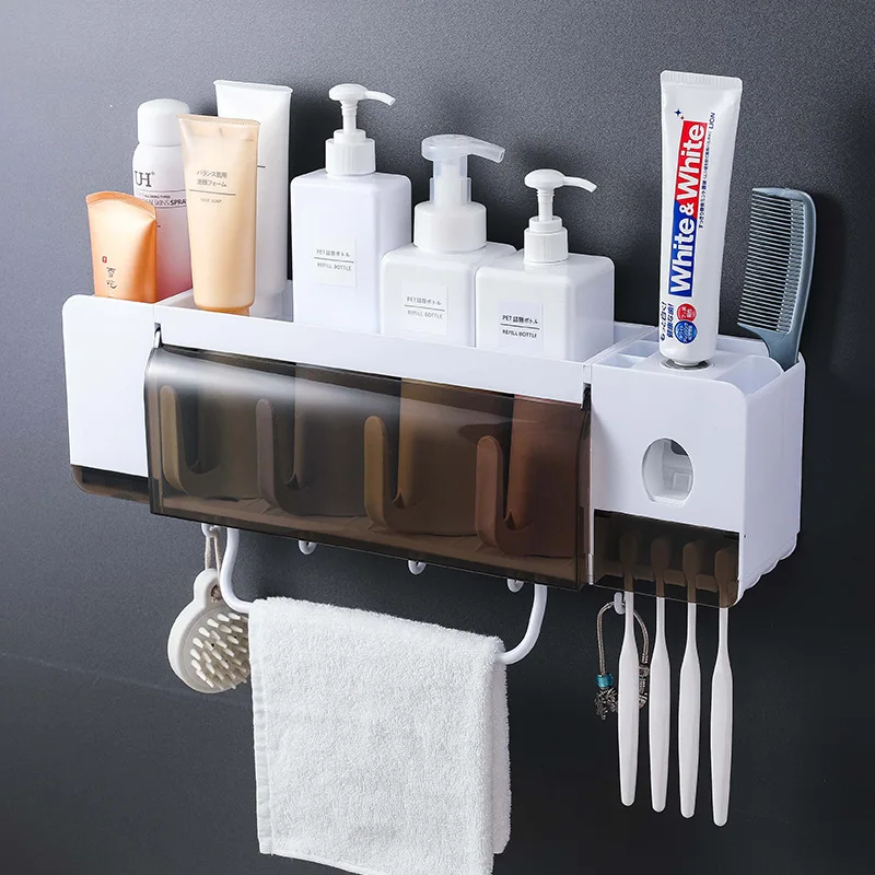 5-Pack Wall Mount Dustproof Toothbrush Holder with Cups and Automatic Toothpaste Dispenser - Bathroom Accessories Set image 4