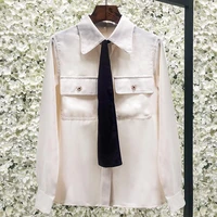 brand fashion apricot lapel double pocket casual shirt top bandage gold buckle elegant blouses women spring fall clothes 2021
