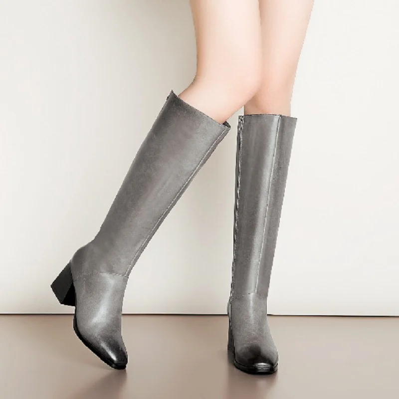 

Original Intention High-quality Women Knee High Boots Round Toe Square Heels Boots Elegant Black Grey Shoes Woman US Size 4-10.5