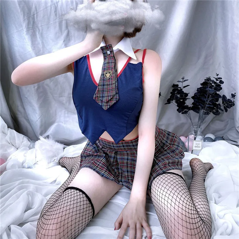 

Naughty High School Student Costume Scottish Students Uniform Pleated Skirt Blue Tops with Tie Role Play School Girls Costumes