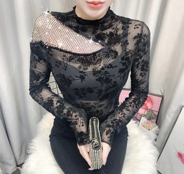 

Autumn Spring Retro style Mesh stitching Diamond T shirt Perspective Printed bottoming shirt long sleeve Women Tops