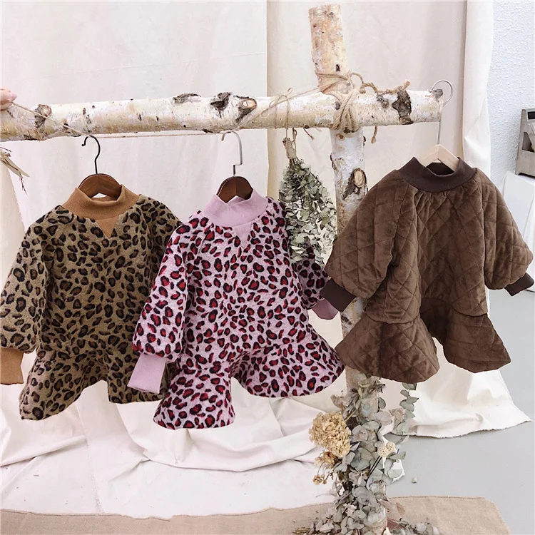 Winter Korean style fashion girls Leopard grain woolen mermaid dresses 1-6 years kids baby thicken long sleeve warm dress | Детская