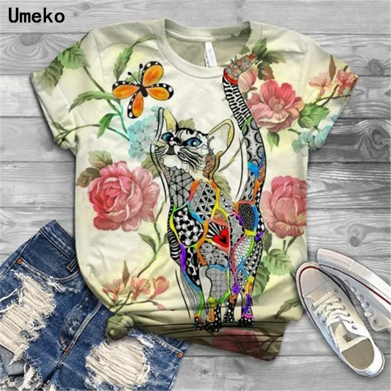 

Umeko Y2k Cat Pattern Graphic T Shirts Women O-Neck Short Sleeve Tee Tops Animal Lovely Tshirts Ladies Summer Fashion Clothes