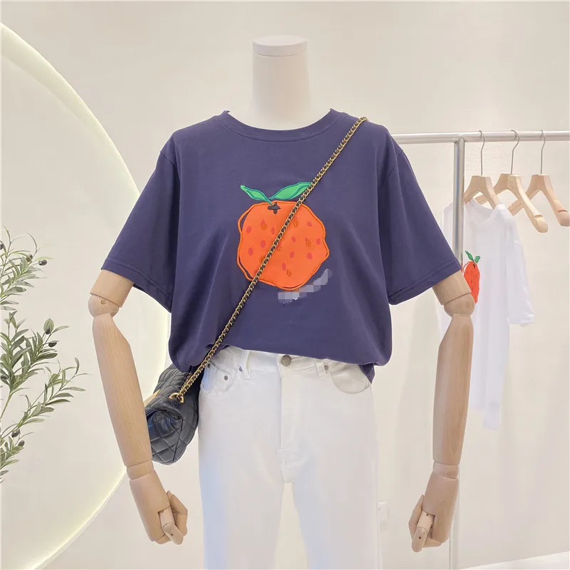 

Summer 2021 Orange Print Loose Slimming T Shirt for Women Cotton White Short Sleeve Top Female Round Neck Casual T Shirt