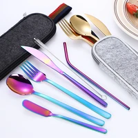 western style portable 7 piece cutlery set stainless steel straw knife and fork spoon with zipper bag