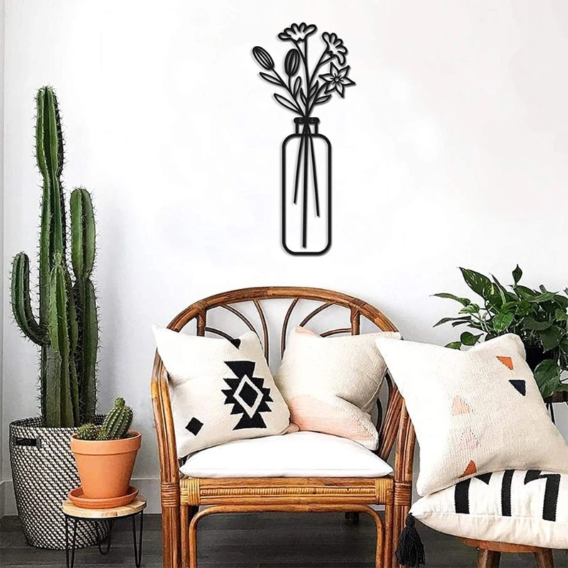 

Home Modern Wall Art Decoration Iron Metal Flower in Vase Black Hanging Sculptures Ornaments for Living Room Kitchen Bedroom Gar