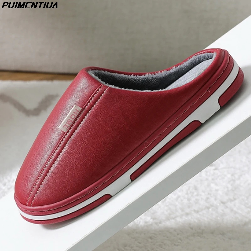 

New Women Slippers Winter Warm House Home Shoes Waterproof PU Leather Soft Non-Slip Fur Cotton Bedroom Ladies Girls Cute Slides