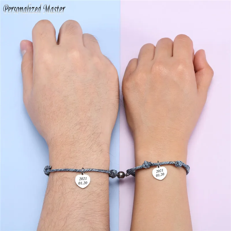 

Personalized Master Customized Heart Tag Stainless Steel Bracelet Magnet Attracting Ball Adjustable Rope Couple Friends Bracelet