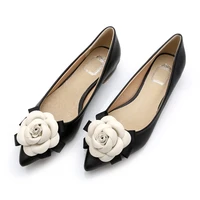 new women flats flower shoes pointed shallow mouth leather fragrant wind camellia black low heel single sneakers