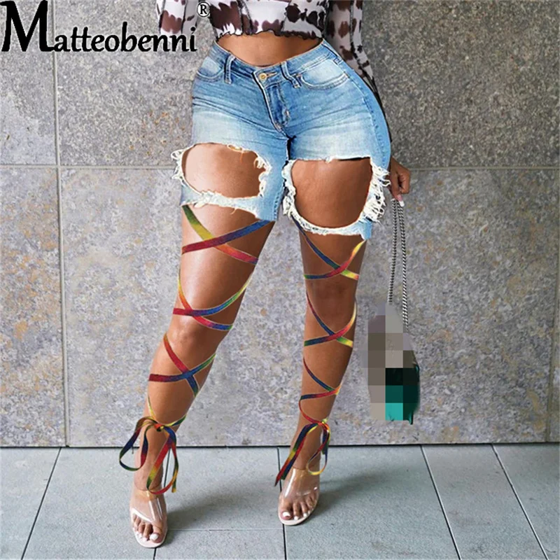 Шорты женские рваные из денима с бахромой пикантные цветные повседневные