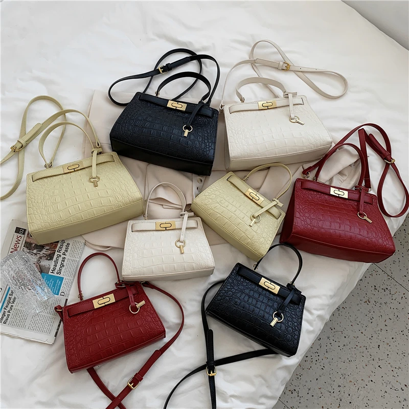 

Summer 2021 Crocodile Effect Small Women Handbags Famous Brand Designer Lock Keys Female Tote PU Ladies Shoulder Crossbody Bags