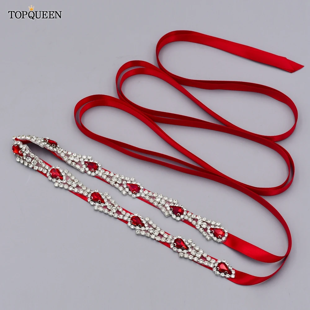 

TOPQUEEN S31 Luxury Wedding Dress Belts with Red Rhinestones and Crystal Thin Sparkly Belt Diamond Sash Belt Women Jewel Belts