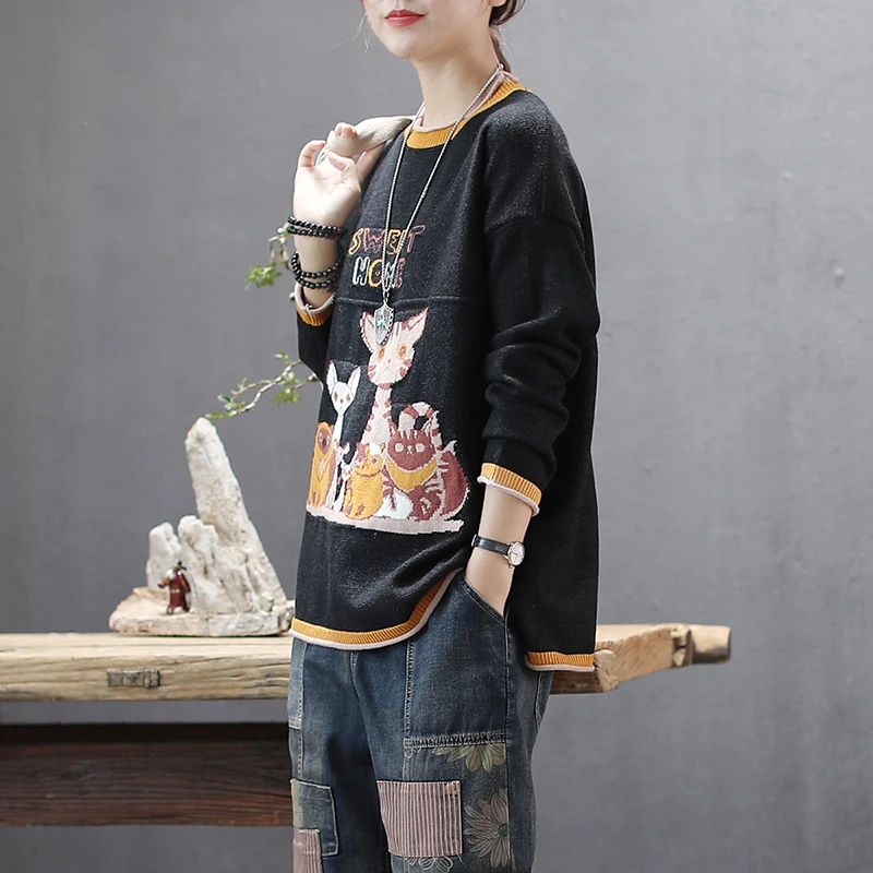 2019 осенне-зимний женский свитер тренд Стиль Повседневный с рисунком кота круглый