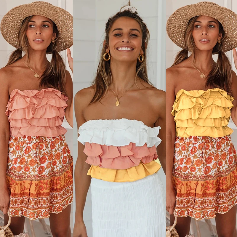 

Milalit Cascading Ruffles Strapless Yellow Pink Mix Color Patchwork Slash Neck Short Sleeveless Tops with Backless Tie Ribbon