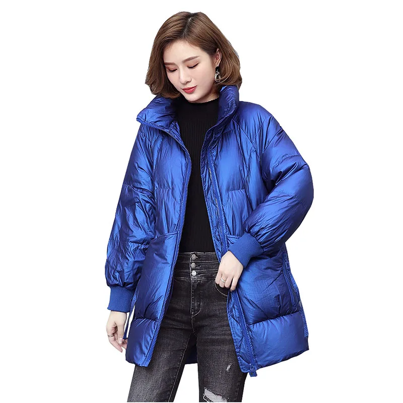 

2022 Women Winter Warm Down Jacket Female Temperament Stand Collar Loose Thick White Duck Down Coat New Fashion Shiny Coats G264