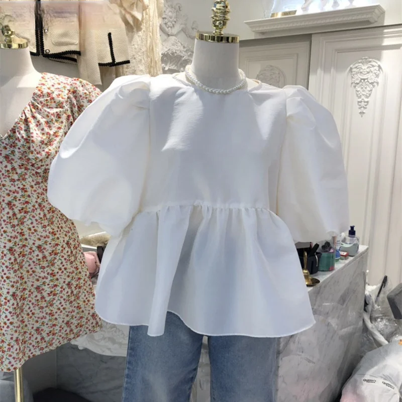 

Women Sweet Doll Shirt Korean Summer Causal O-neck Puff Short Sleeve Blusas Femme 2021 Spring New Blouse Tops