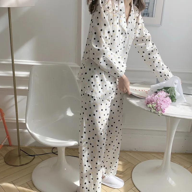 

colorful polka dot women pajamas set lapel collar long sleeve tops pyjamas shirts pants sleepwear 2 piece set home suit