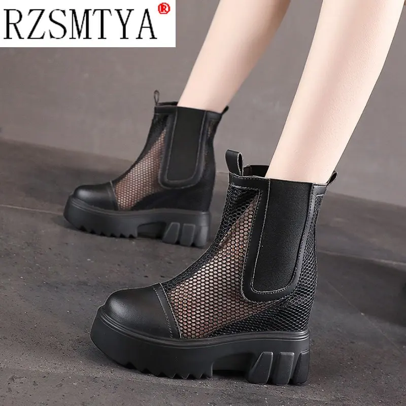 

Women Fashion Hollow Out 2021 Summer Slip on Biker Platform Boots Street Mesh Breathable Ankle Shoes Black Bota Feminina
