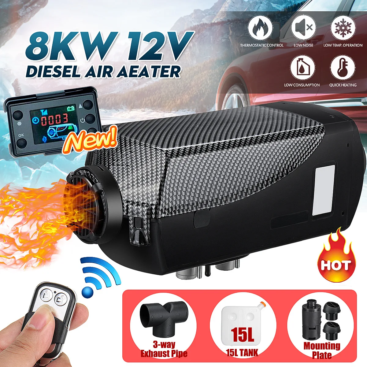 

Car Heater 8KW 12V 24V Air Diesel Heater 2 Air Outlet LCD Monitor + 15L Tank Remote Control For RV Boats Trailer Truck Motorhome