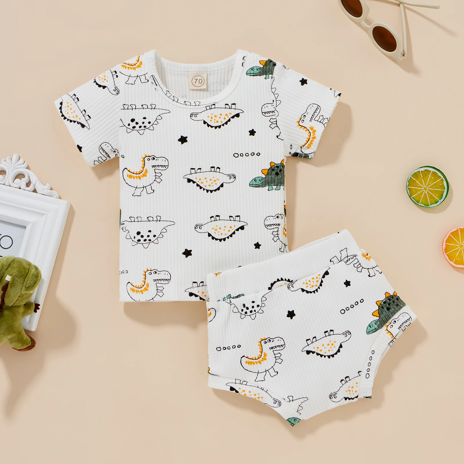 

Newborn Babies From 0-24 Months 2 Children'S Dinosaur Summer Clothes Short-Sleeved Dinosaur Printed T-Shirt + Shorts Set