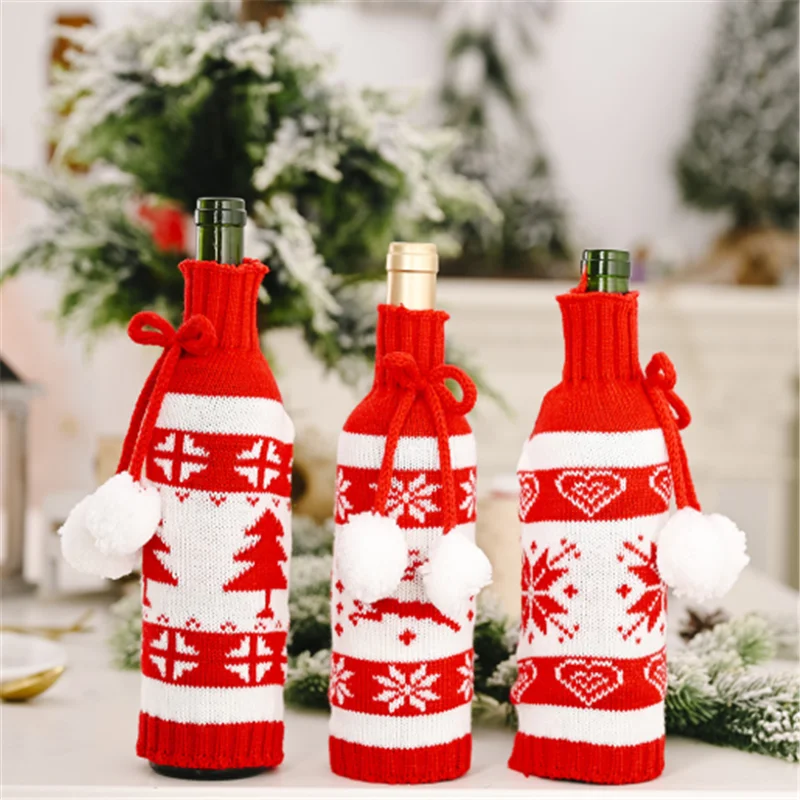 

Christmas Decoration Christmas Table Decoration Knitted Double Ball Red Wine Bottle Set Navidad Merry Christmas Wine Bottle Bag