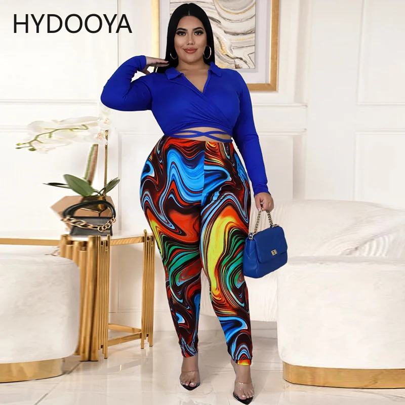 

Plus Size 2 Piece Sets Women Clothing Turn Down Collar Long Sleeve Drawstring Lace Up Top+Art Print Pants Dropshipping Wholesale
