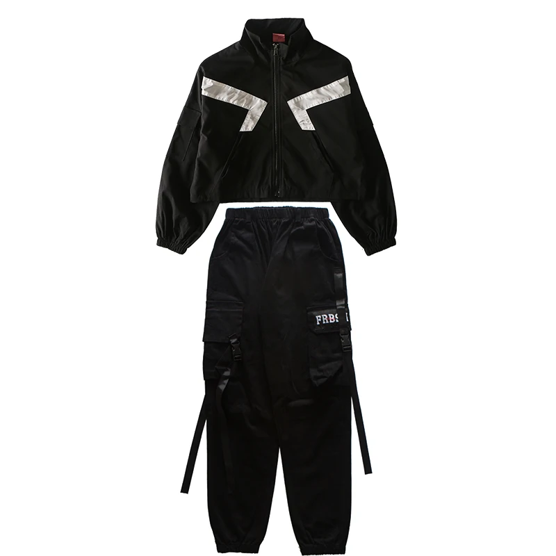 

Children Black Hip Hop Costumes For Girls Long Sleeves Jazz Clothing Crop Tops Casual Pants Rave Ballroom Dancing Wear