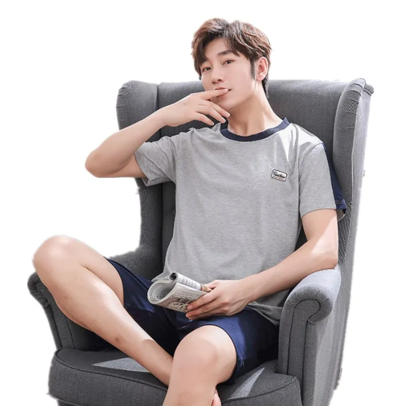 

Korean Version of Loose Leisure Summer Home Wear Men Sleepwear Set Men's Pajamas Set Summer Cotton Short Sleeve Trousers Set