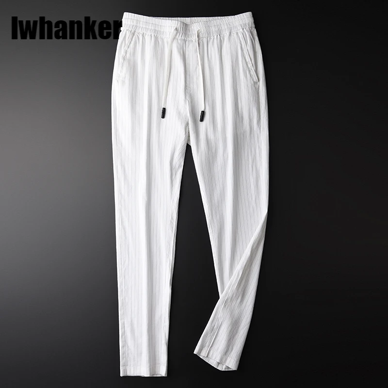 

Мужские льняные брюки размера плюс 4xl из окрашенной пряжи, роскошные вентилируемые повседневные брюки в Вертикальную Полоску, Новые Эласти...