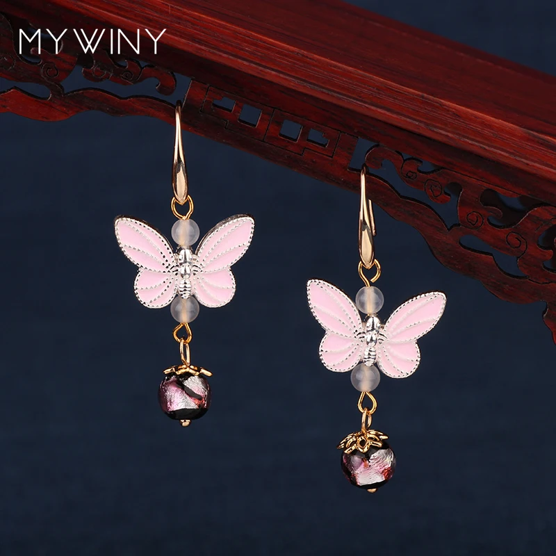 

New Fashion Jewelry Copper Jewelry Cloisonne Butterfly Earrings Pink,purple Glass Glazed Quality Vintage Earrings MYWINY