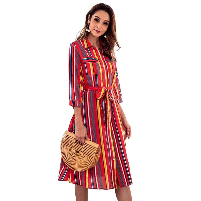 Deep Turn-down Collar Striped Dress High Waist A-line Sexy Female Summer Beach Party Casual Red | Женская одежда