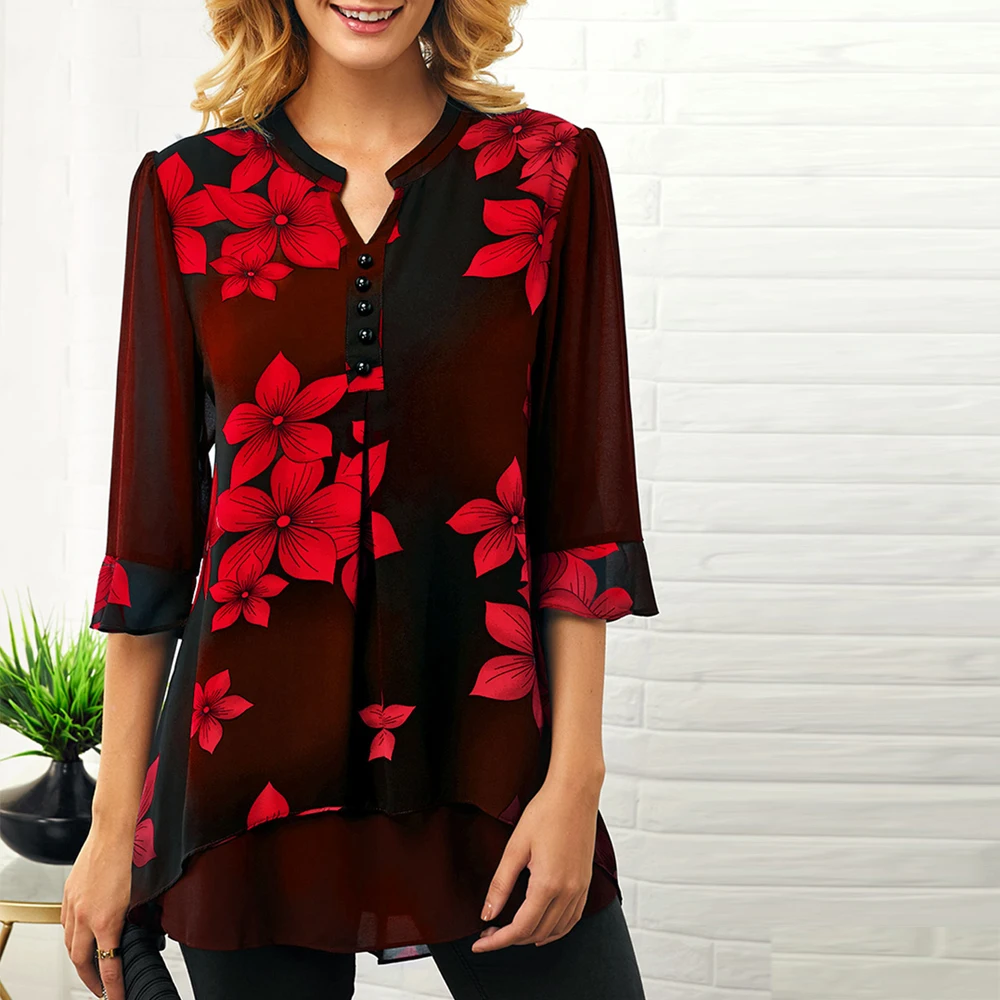 Повседневные женские рубашки с цветочным принтом рукавом 3/4 весна лето Женская