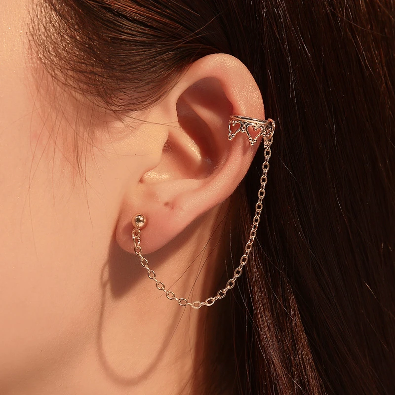 

Crown U Shape Clip Cuff Earrings Vintage Hollow Heart Non Piercing Clip On Earrings For Women Long Chain Stud 2021 Trend Jewelry